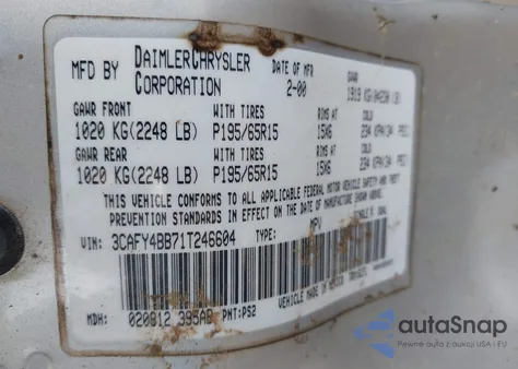 2001 Chrysler Pt Cruiser from USA, damaged, VIN 3CAFY4BB71T246604